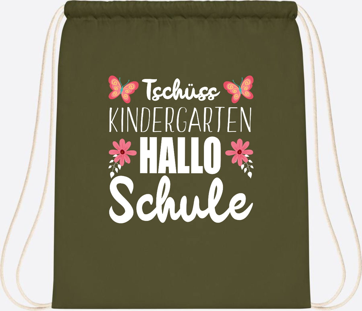 Turnbeutel zur Einschulung – Tschüss Kindergarten, Hallo Schule - Olive Green