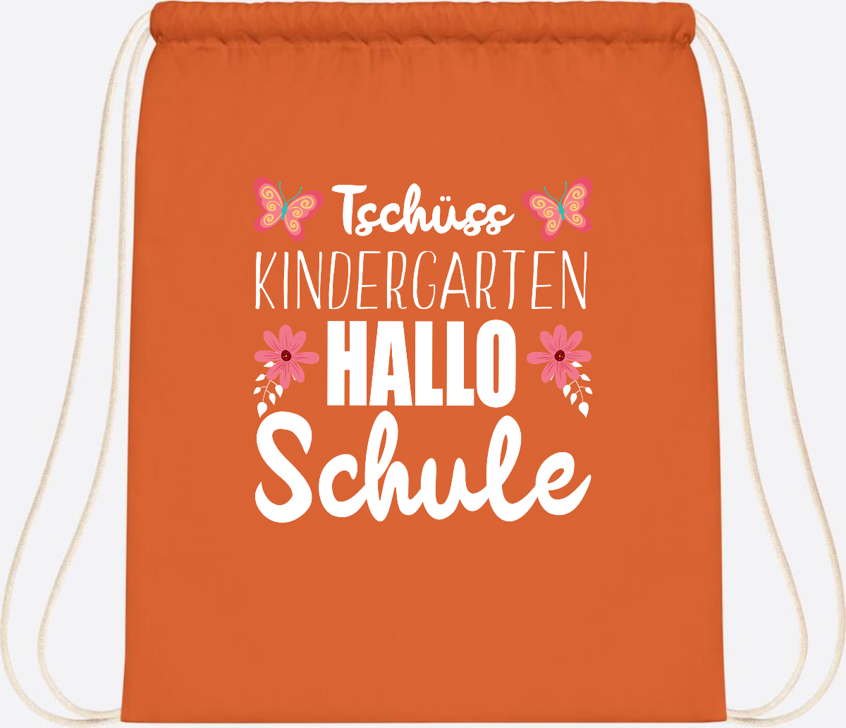 Turnbeutel zur Einschulung – Tschüss Kindergarten, Hallo Schule - Orange