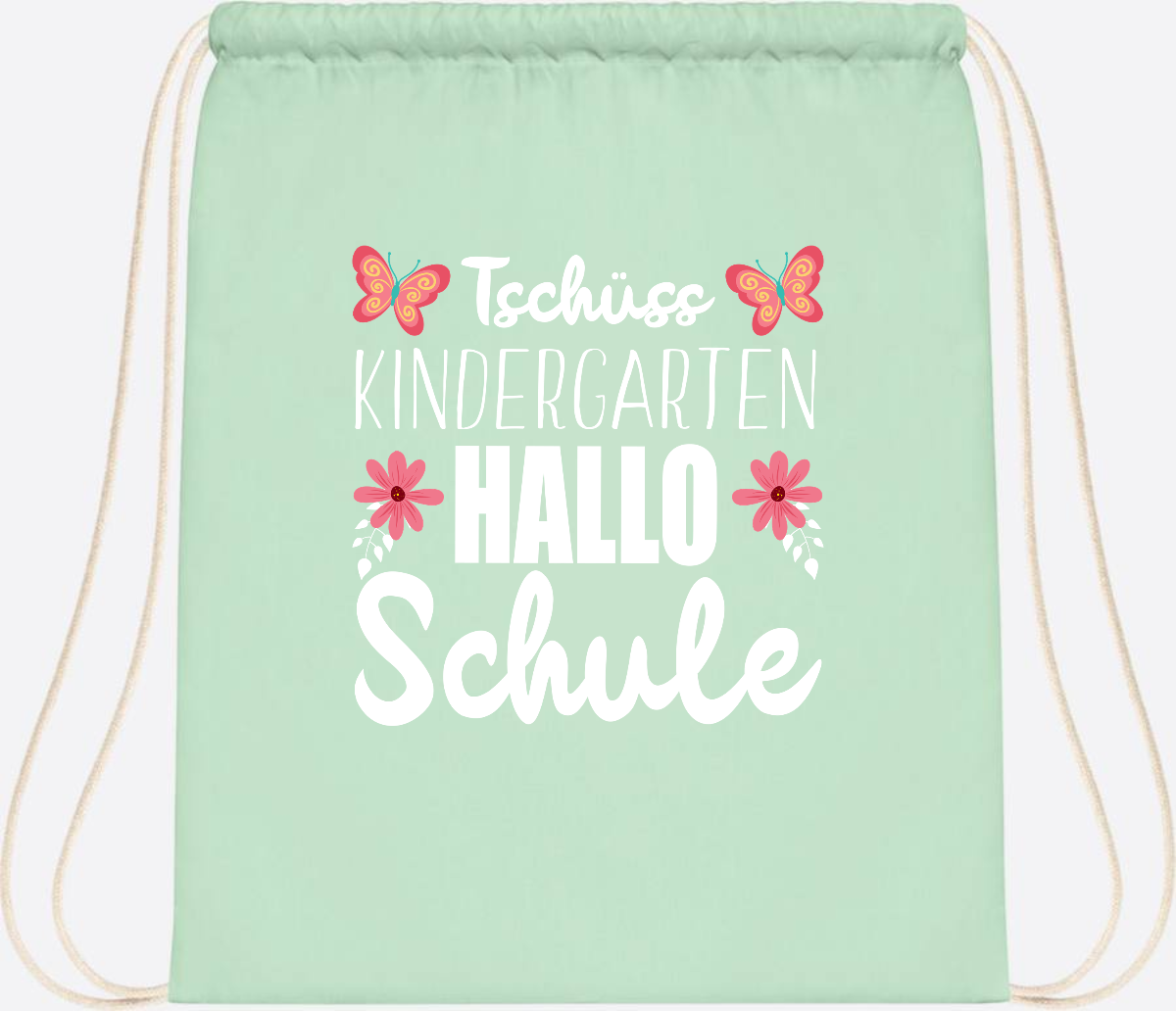 Turnbeutel zur Einschulung – Tschüss Kindergarten, Hallo Schule - Pastel Mint/White