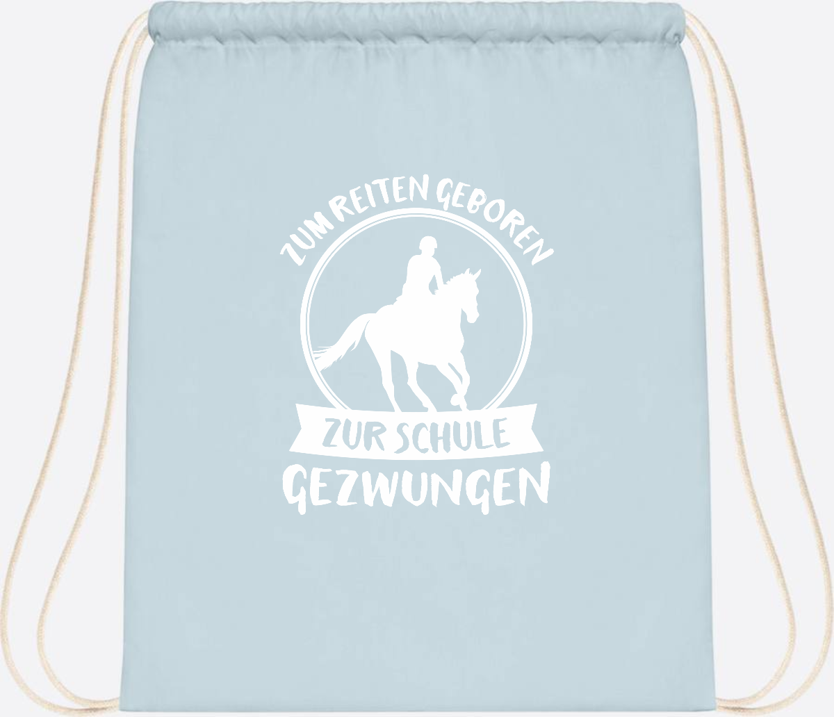 Turnbeutel zur Einschulung: Zum Reiten geboren – mit Name - Pastel Blue/White