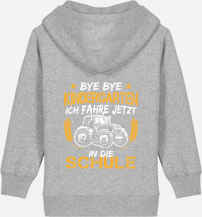 Zip-Hoodie Einschulung: Bye Bye Kindergarten Traktor Weiß-Orange - Heather Grey