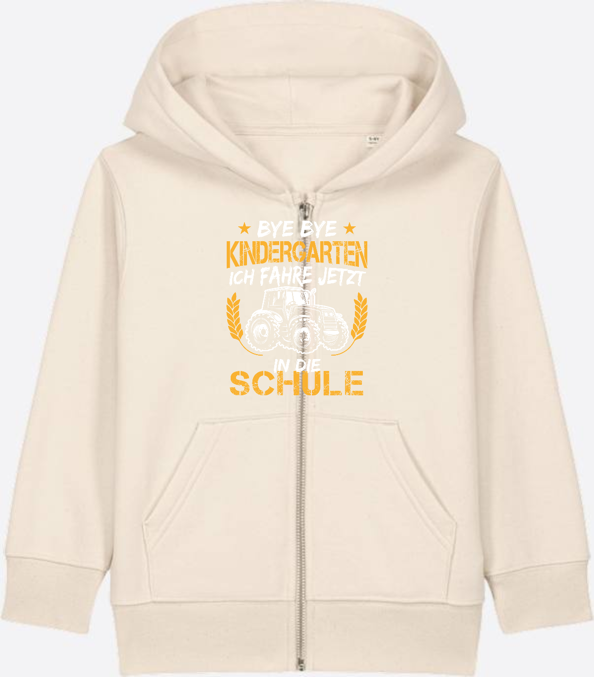 Zip-Hoodie Einschulung: Bye Bye Kindergarten Traktor Weiß-Orange - Natural Raw Herzseite