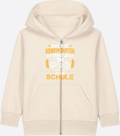 Zip-Hoodie Einschulung: Bye Bye Kindergarten Traktor Weiß-Orange - Natural Raw Herzseite
