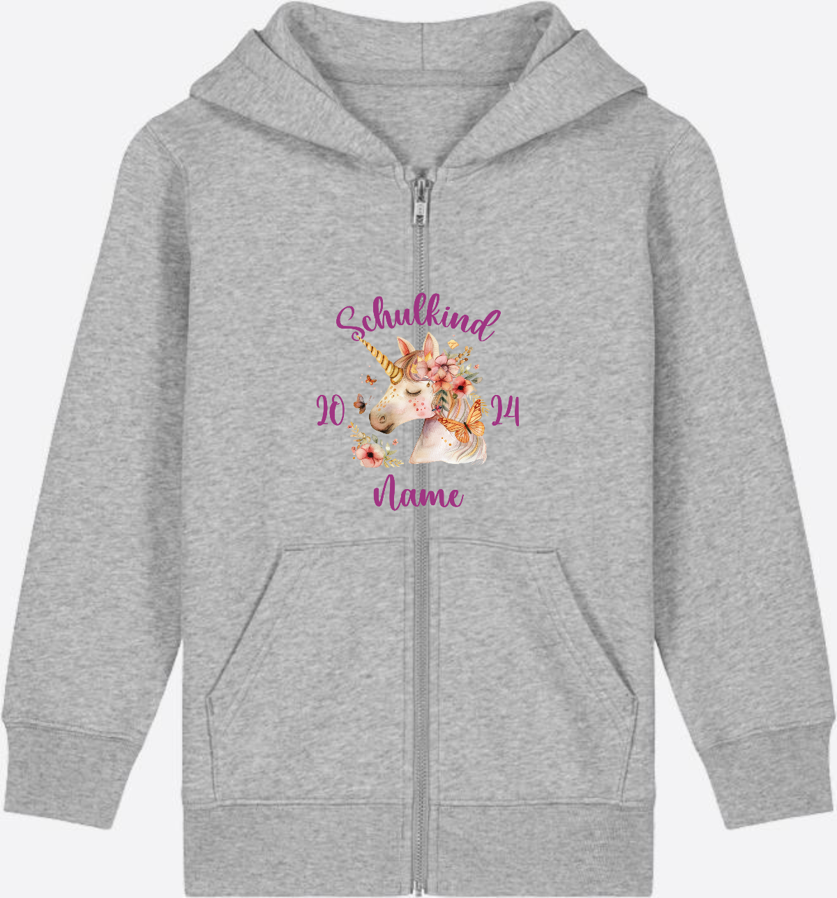 Zip-Hoodie Einschulung Mädchen – Geschenk mit Wunschnamen - Heather Grey Herzseite