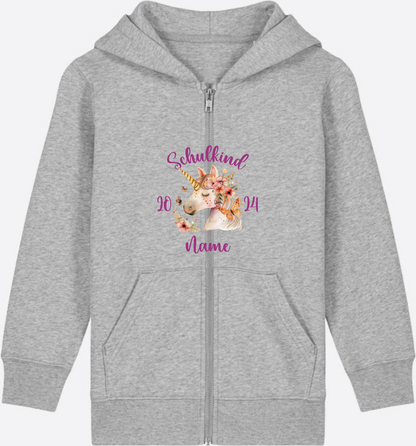 Zip-Hoodie Einschulung Mädchen – Geschenk mit Wunschnamen - Heather Grey Herzseite