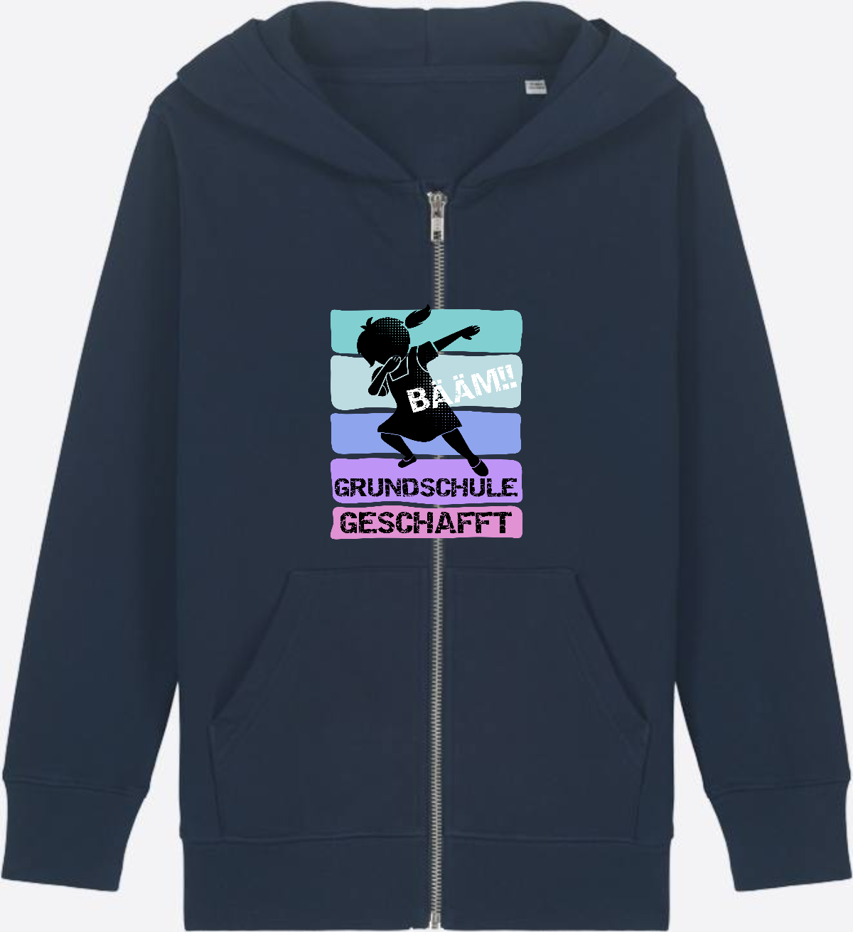 Zip-Hoodie Mädchen: Bääm! Grundschule geschafft – mit Namen - French Navy Herzseite