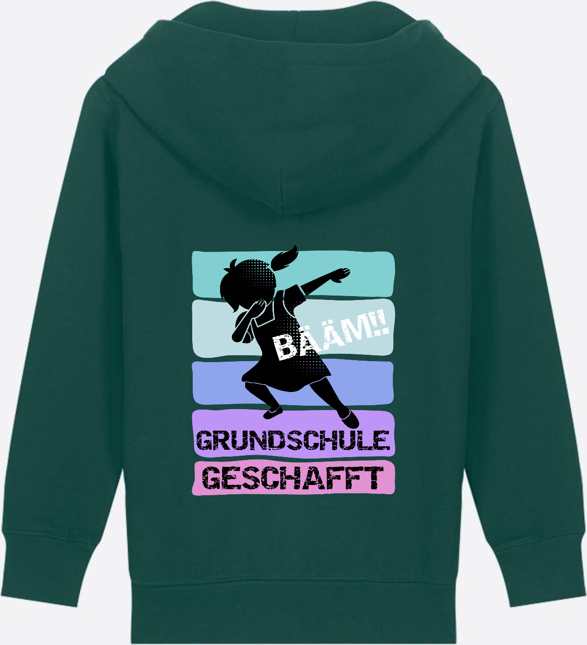 Zip-Hoodie Mädchen: Bääm! Grundschule geschafft – mit Namen - Glazed Green