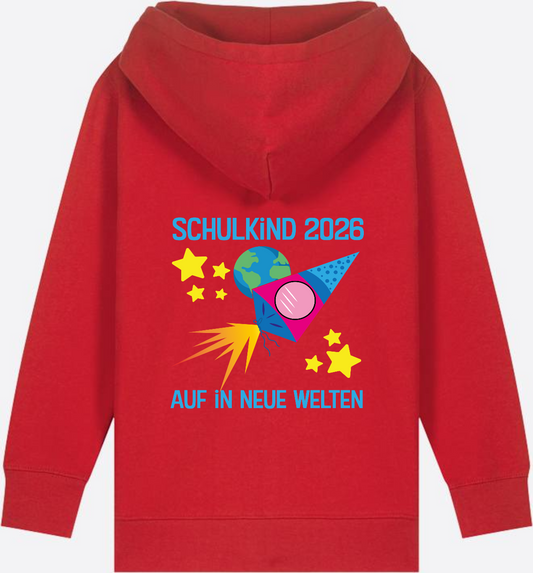 Zip-Hoodie Schulkind 2026 – Auf in neue Welten | Mit Name - Red