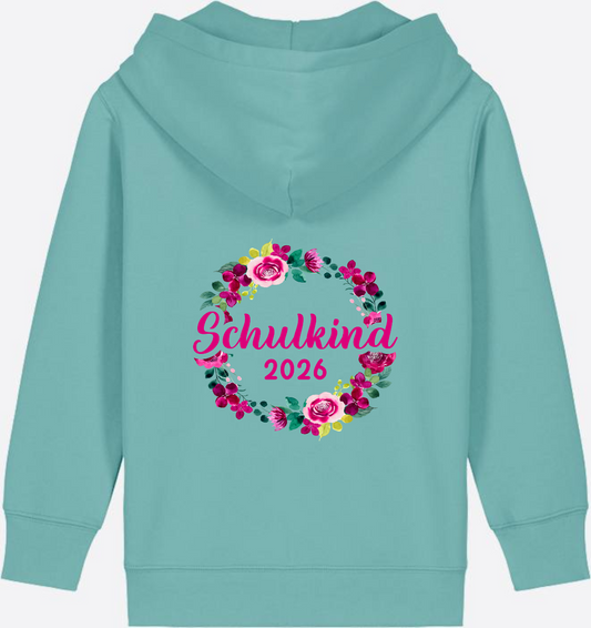 Zip-Hoodie Schulkind 2026 Blumenkranz mit Name - Teal Monstera