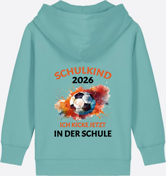 Zip-Hoodie Schulkind 2026 Fußball – Ich kicke in der Schule - Teal Monstera