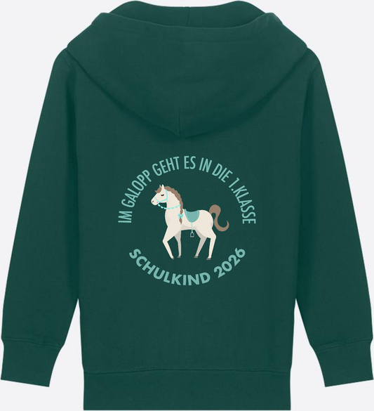 Zip-Hoodie Schulkind 2026 – Im Galopp mit Wunschname - Glazed Green