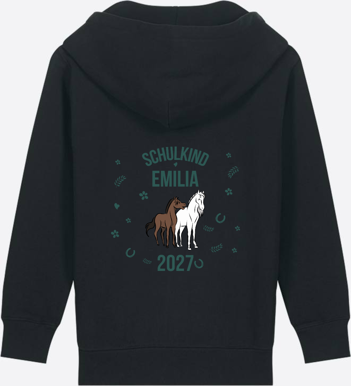 Zip-Hoodie Schulkind mit Pferd – Personalisiert mit Name - Black