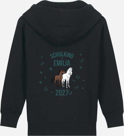 Zip-Hoodie Schulkind mit Pferd – Personalisiert mit Name - Black