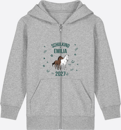 Zip-Hoodie Schulkind mit Pferd – Personalisiert mit Name - Heather Grey Herzseite