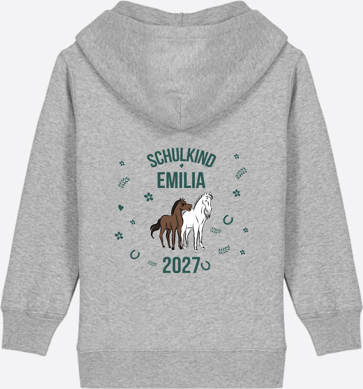 Zip-Hoodie Schulkind mit Pferd – Personalisiert mit Name - Heather Grey