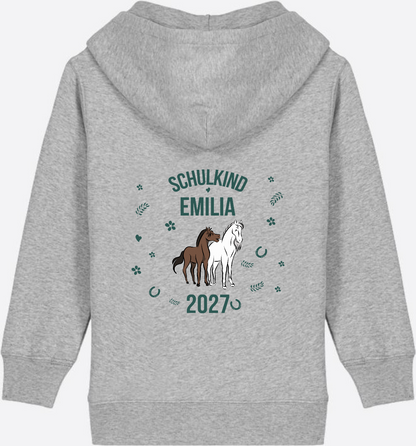 Zip-Hoodie Schulkind mit Pferd – Personalisiert mit Name - Heather Grey