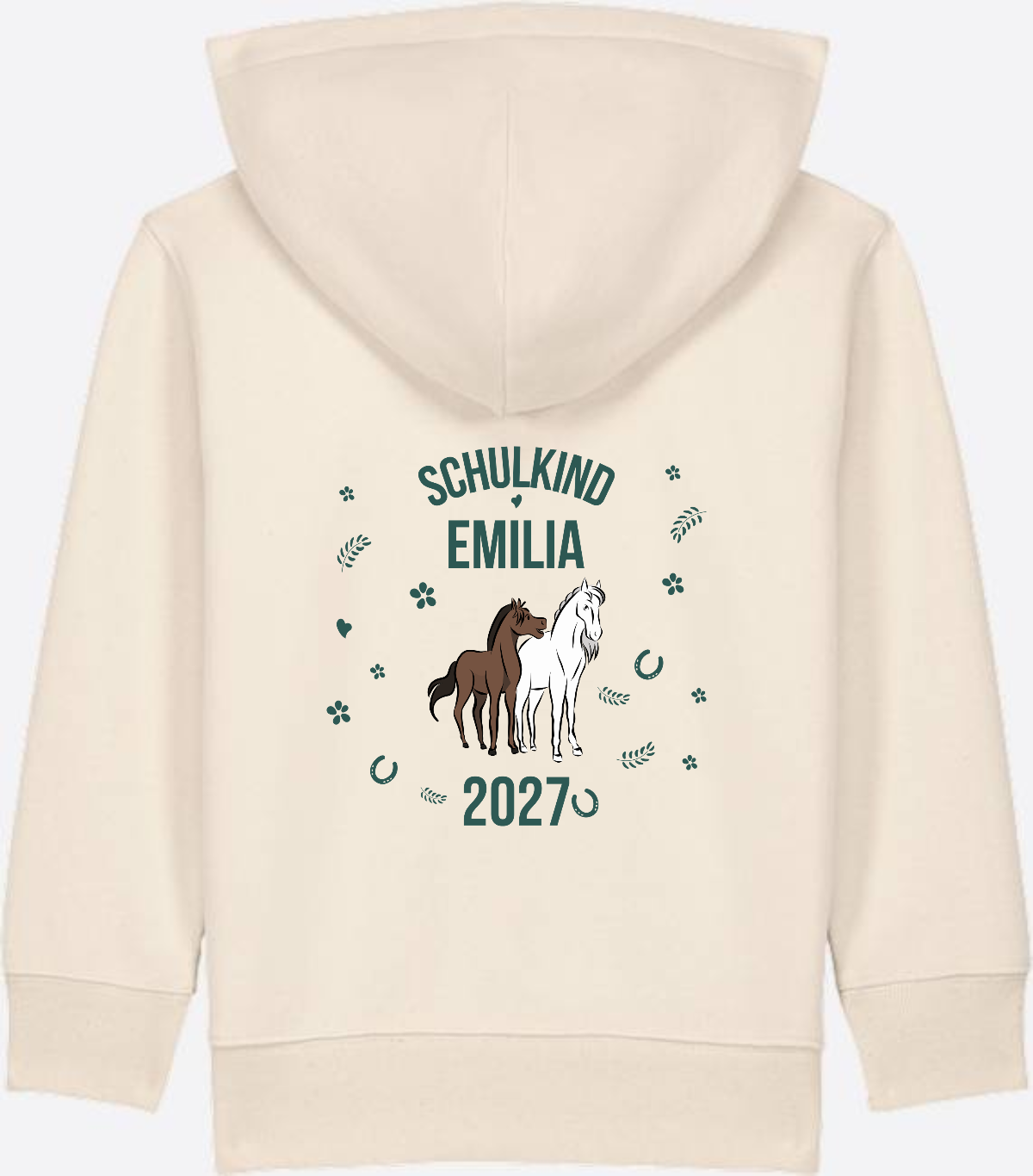 Zip-Hoodie Schulkind mit Pferd – Personalisiert mit Name - Natural Raw