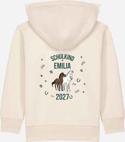 Zip-Hoodie Schulkind mit Pferd – Personalisiert mit Name - Natural Raw
