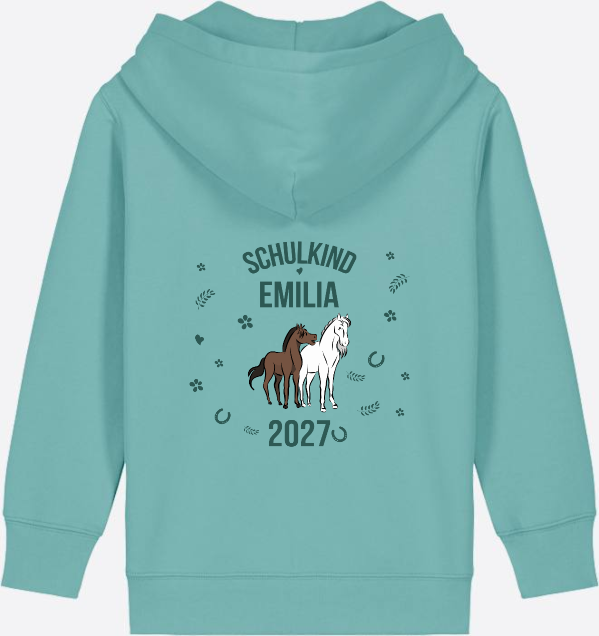 Zip-Hoodie Schulkind mit Pferd – Personalisiert mit Name - Teal Monstera