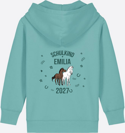 Zip-Hoodie Schulkind mit Pferd – Personalisiert mit Name - Teal Monstera