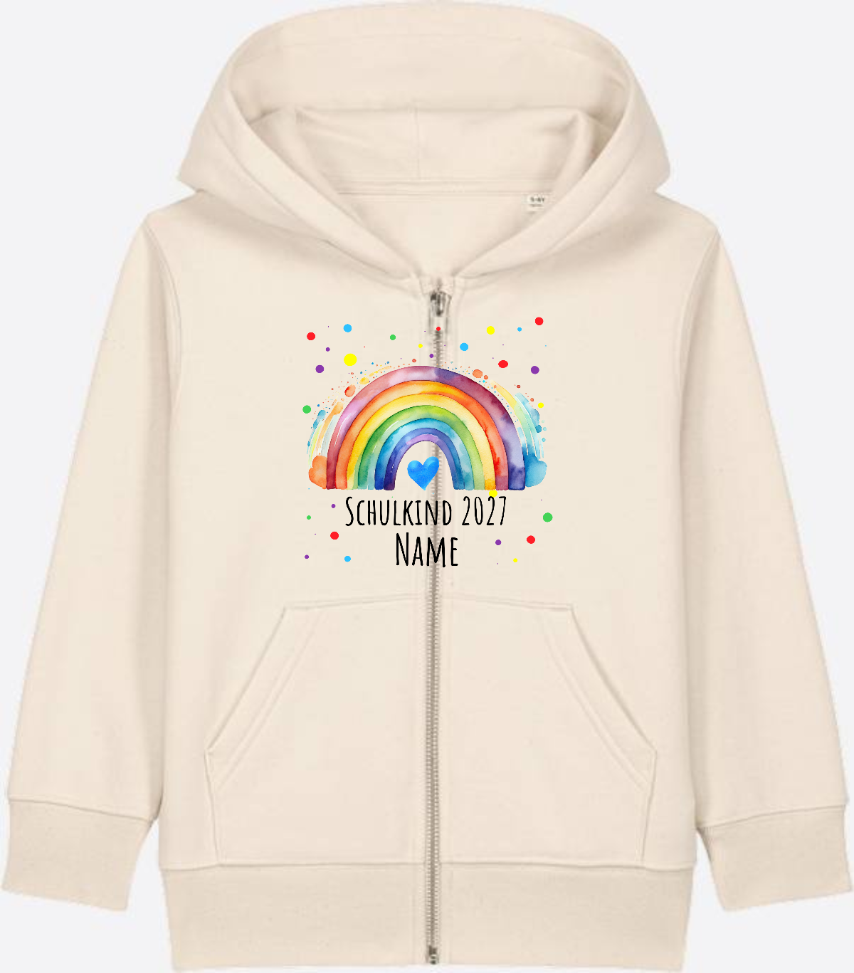 Zip-Hoodie Schulkind Regenbogen – Personalisiert mit Name - Natural Raw Herzseite