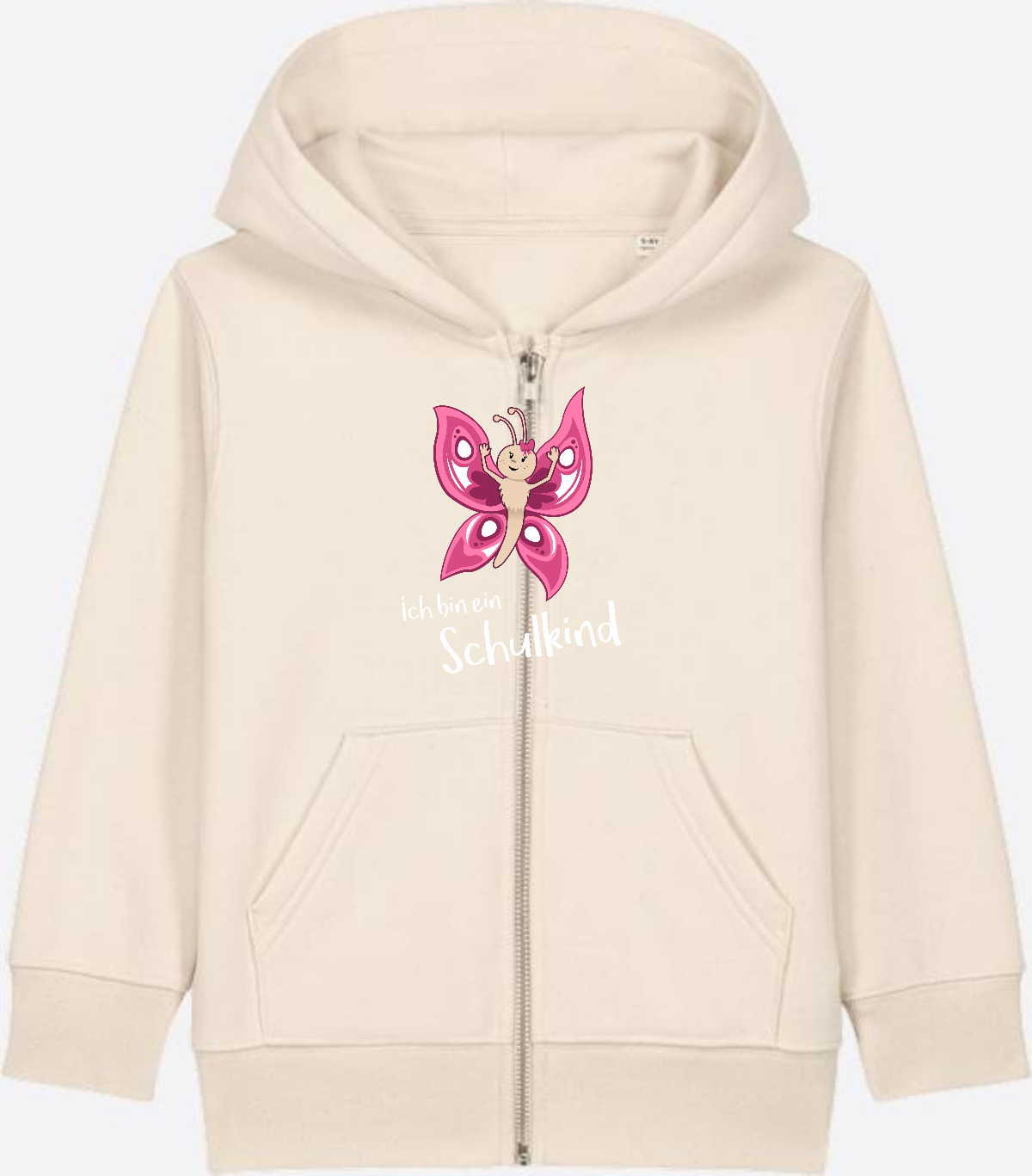 Zip-Hoodie Schulkind Schmetterling mit Wunschnamen - Natural Raw Herzseite