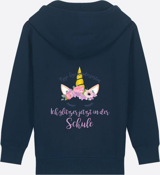Zip-Hoodie zur Einschulung: Bye Bye Kindergarten Glitzer Blumen - French Navy