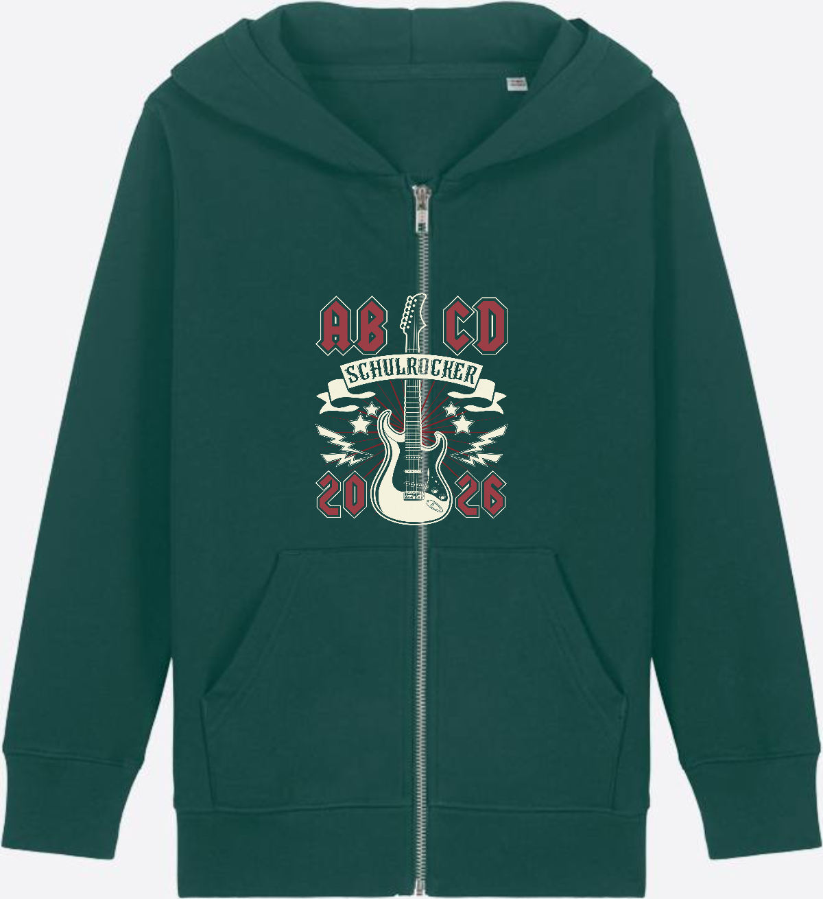 Zip-Hoodie zur Einschulung: Schulrocker mit Wunschnamen - Glazed Green Herzseite